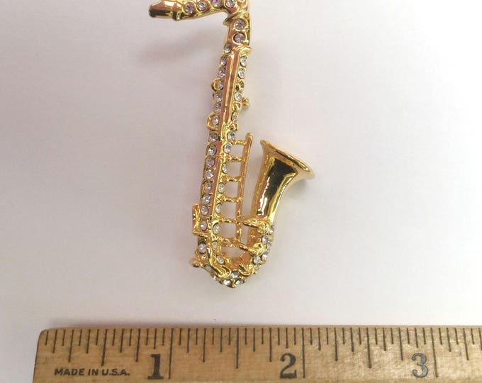 Saxophone Brooch - gold - rhinestone- music instrament - figurine pin