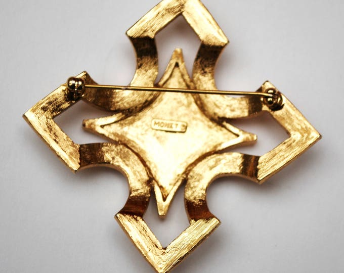 Monet Gold Brooch - Maltese Cross - Geometric Diamond - Yellow gold - Mid Century - signed jewelry Pin