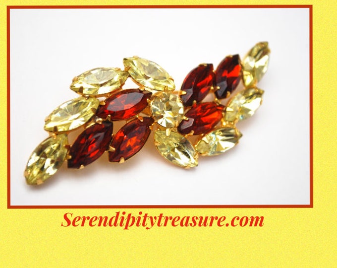 Rhinestone Bar Bow Brooch - Light yellow Crystal - dark Orange Glass -- gold setting Floral pin