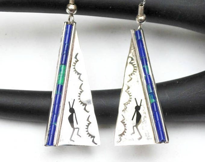 Azurite earrings - Sterling silver - tribal Triangle - dangle earrings - blue green gemstone