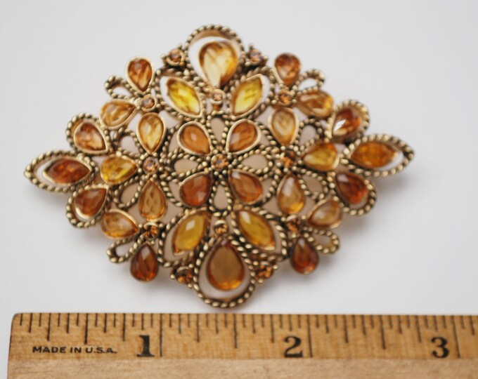 Monet Amber rhinestone Brooch - Yellow orange Lucite - gold - Mid Century - signed jewelry Pin