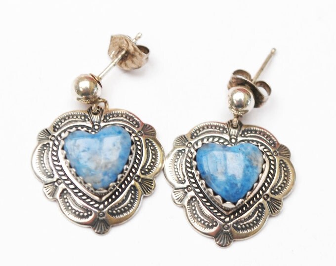 sterling Silver Sodalite dangle Heart Earrings - Blue gemstone inlay - Signed O T - pierced Earring