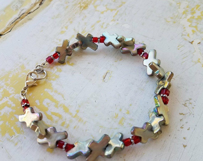 Christian Bracelets, Shell Beads, Crystal Beads, Hematite, Czech Beads, Cross Jewelry, Faith Jewelry 3 styles