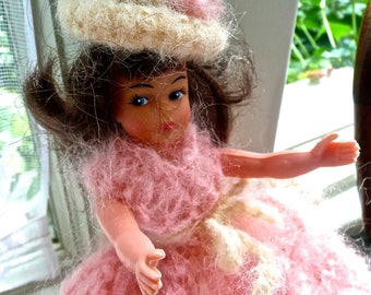 Vintage Doll - Hard Plastic Doll - Pink Crocheted Dress and Hat - Long Brown Hair - Articulated Toy Doll - Small Plastic Doll- Display