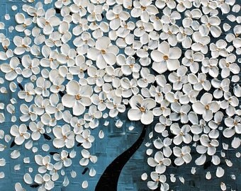 SALE Original Modern White Blossom Heavy Texture Impasto Palette Knife Lanscape White Blue Flowers Painting. ..