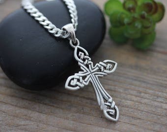 Small Celtic Cross necklace, sterling silver men cross necklace, Choose Chain, mens knot Cut Cross . Irish KNOTTED Cross.