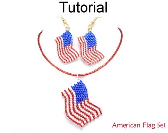 Beading Tutorial Pattern - American Flag Earrings Necklace - Patriotic Jewelry - Peyote - Simple Bead Patterns - American Flag Set #25524