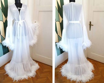 feathers robe bridal trimmed satin angel kimono dressing gown feather sleeve stage dress