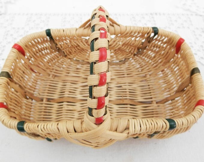 Small Vintage French Woven 1960 Child's Rattan Basket, Miniature Toy Woven Basket, Flower Arranging Accessory from France, Country Decor