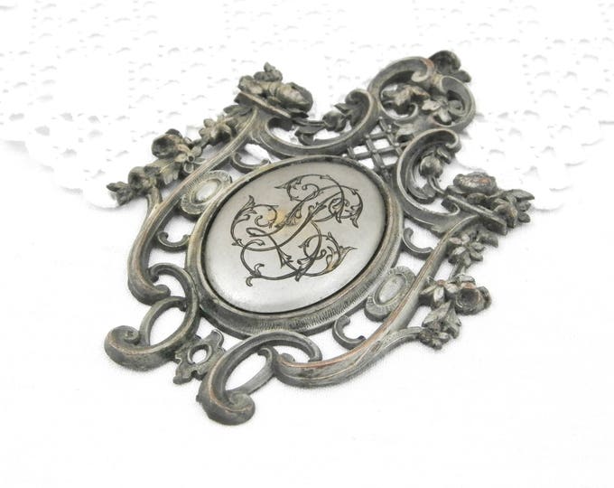 Vintage Ornate Neo Classical Silver Plated Cast Metal Plaque with Engraved Monogram L B, French Metal Decorative item with the Letters L B