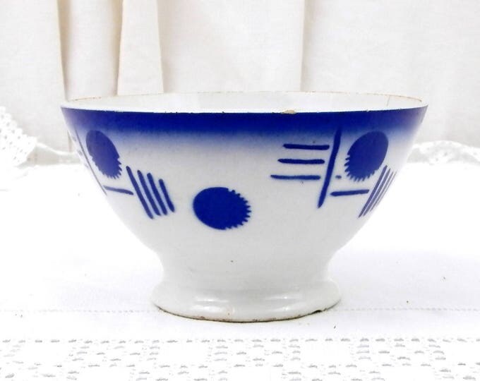 Antique Blue and White Art Deco Coffee Bowl from France, French Farmhouse Ceramic Café au Lait Bowl, Country Cottage Kitchen Latte Bowl