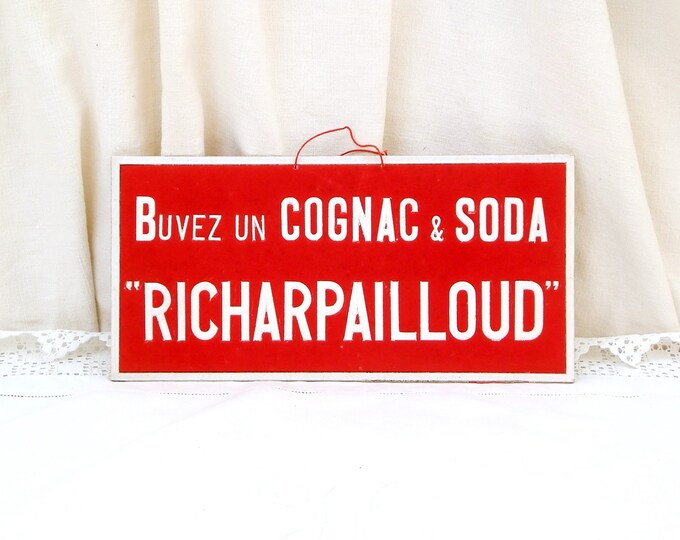 Vintage 1940s Red Cognac Advertising Sign from France Buyez un Cognac et Soda Richarpailloud made of Velveteen on Board, French Publicity