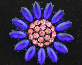 Vintage Rhinestone Brooch Cobalt Blue & Pink Enameled ~ Lot 1563