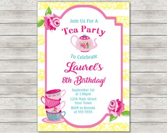 Tea Party Birthday Invitation, Tea Party Girl Invite Invitation - Printable File or Printed Invitations