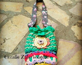 sac bohème-petit sac bourse au crochet fait-main laine,tissu,mohair,coton,céramique