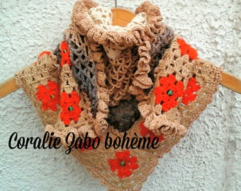 Chèche châle femme au crochet fait-main-chèche laine, coton, laine chanvre, perles cristal, perles de verre