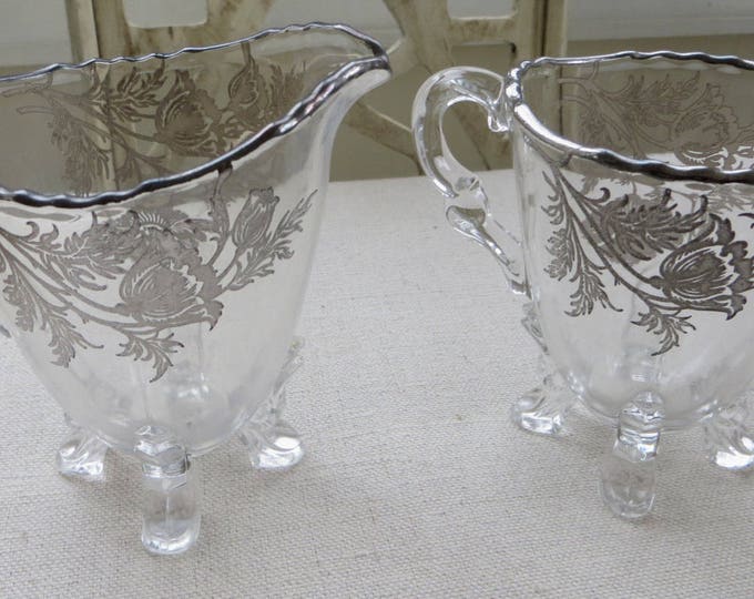 Antique Sugar and Creamer, Footed Sterling Overlay, Elegant Table, Easter Brunch, Tea Party