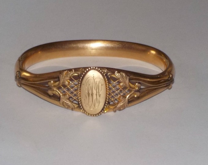 Antique Bangle Bracelet, Gold Filled, Openwork Basketweave, Art Nouveau Leaves, Vintage Victorian Jewelry