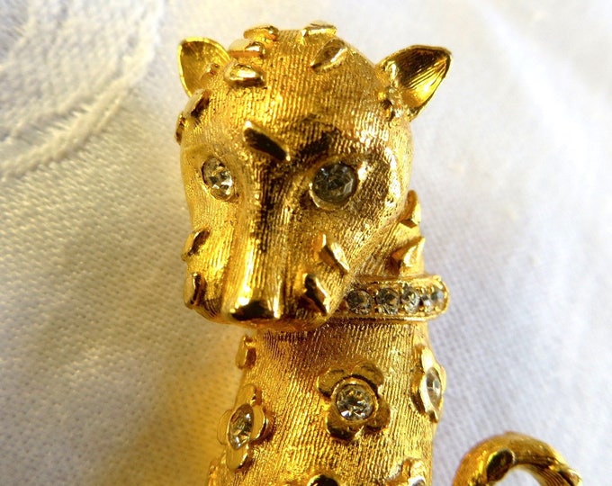 Rhinestone Leopard Brooch, Vintage Jungle Cat Jewelry, Leopard Print Jewelry