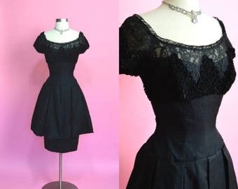 FLASH SALE 30% 7/21-7/24 1950's Vintage Inky Black Bombshell Bad Gal Illusion Neckline Peplum Cocktail Dress Wasp Waist Lace Organza Mad Men