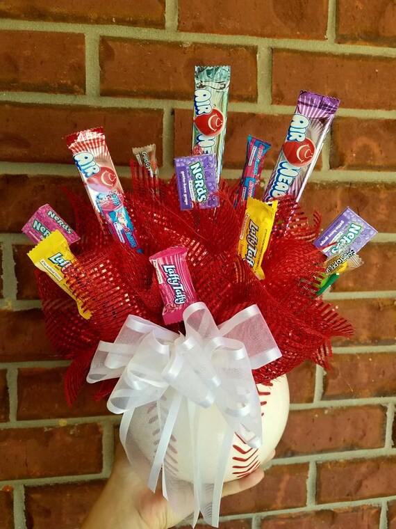 Items similar to Candy bouquet in ceramic baseball container Ready to ...