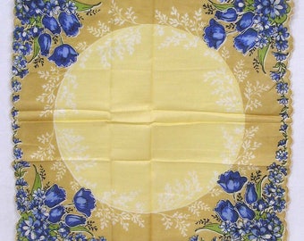Gorgeous Vintage Hankie Blue Tulips Daisies on Beige