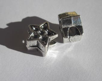 2 large beads "Star" metal silver 13mm big hole (2413)
