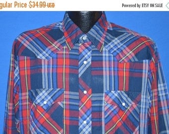 ON SALE 80s Wrangler Red Blue Yellow Plaid Pearl Snap Shirt Large