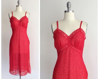 60s Red Lace Dress Slip / 1960s Vintage Lace Full Slip / Medium / Size 6 to 8