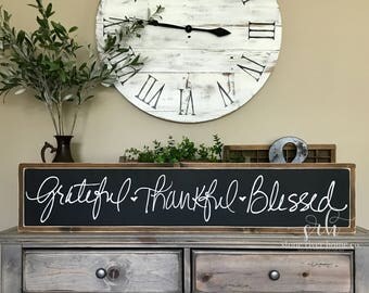Grateful Thankful Blessed Hand lettered Painted Wood Sign | Distressed Rustic Home Decor | Wall Decor | Fixxer Upper | Farmhouse Style Decor