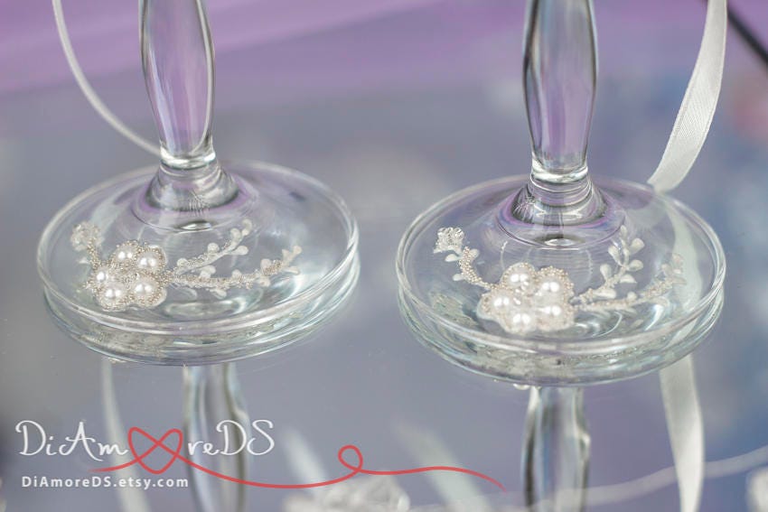 Embroidery wedding champagne flutes pearl rhinestone