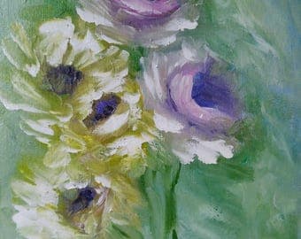 cluster of roses, vintage, purple and yellow acrylic painting