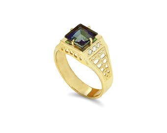 14k solid gold diamond and rainbow topaz men's signet ring, men's pinkie ring.