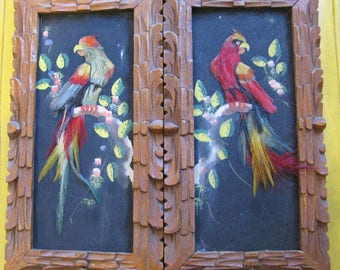 Vintage 60's Pair Mexican Bird Feather Paintings - Carved Wood Frames