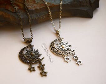 Khaleesi Sun and Stars Moon Necklace Khal Khaleesi Necklace Dothraki Inspired Moon Sun and Stars Necklace Silver or Bronze Long