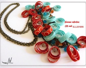 Necklace textile multi-port turquoise and coral
