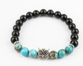 Golden Owl bracelet Gloss marbles with Turquoise stone one of a kind