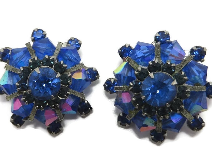Weiss Royal Blue Rhinestone Earrings, Vintage AB Rhinestone Clip-on Earrings, Signed Weiss Jewelry