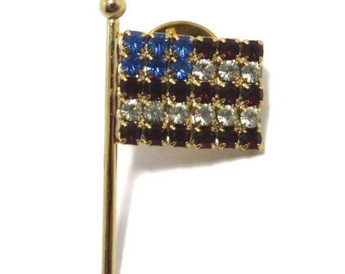 USA Flag Pin, Rhinestone Lapel Pin, Vintage Patriotic Tie Tac, Gold Tone Rhinestone Stars and Stripes Pin