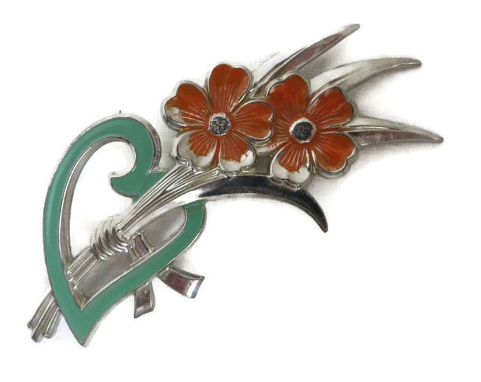 Orange Flower Brooch, Vintage Green Heart Floral Pin, Silvertone Flower Brooch, C Clasp Pin, Summer Jewelry