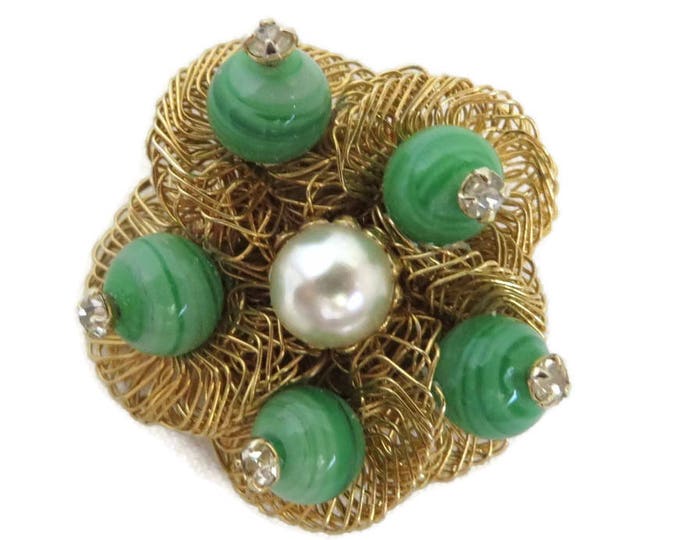 Weiss Bird's Nest Brooch, Vintage Art Glass, Gold Tone Pin, Faux Pearl Rhinestone Pin, Signed Designer Jewelry