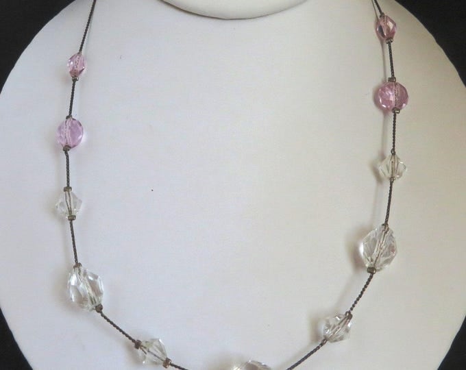 Vintage Crystal Necklace, Silver Tone Floating Faceted Bead Necklace