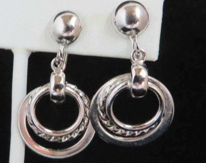 Coro Hoop Earrings, Vintage Dangling Silver Tone Triple Hoop Screwback Earrings Signed Coro Jewelry