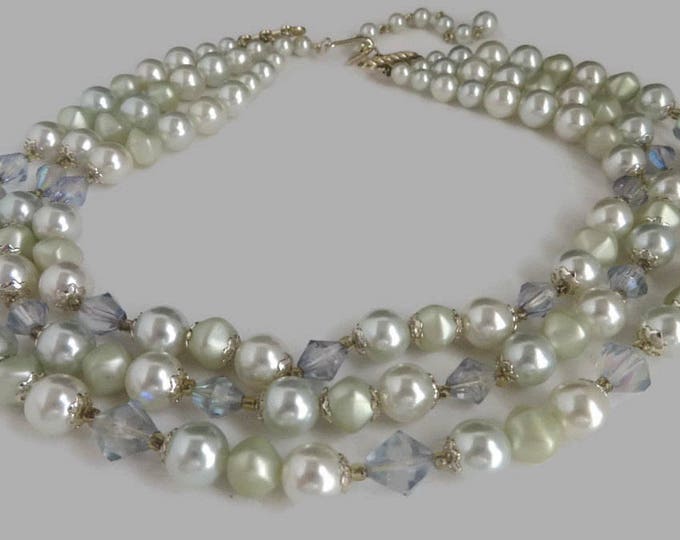 Pearl Necklace, Japan Multi Strand Necklace, Vintage Faux Pearl & Lavender Blue Bead Triple Strand Choker