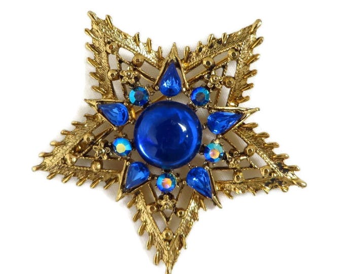 Vintage Brooch - Weiss Gold Star Brooch, Blue AB Rhinestone Spiky Gold Tone Star Pin, Perfect Gift, Gift Box