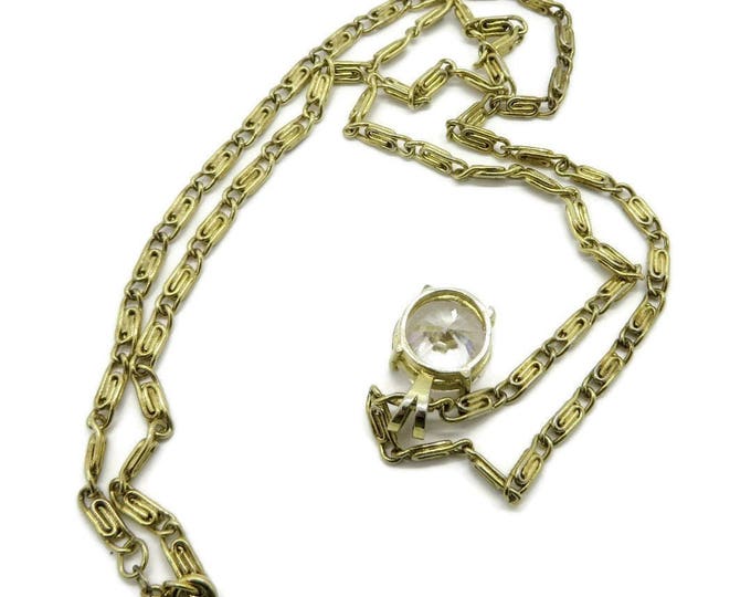 Rhinestone Pendant, Vintage Gold Tone S-Link Necklace, Round Crystal Pendant, Long Chain Necklace, Gift Idea, Gift Box