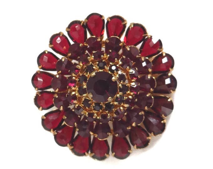 Vintage Red Austrian Crystal Brooch, Crystal Flower Pin, Gold Tone Austria Pin