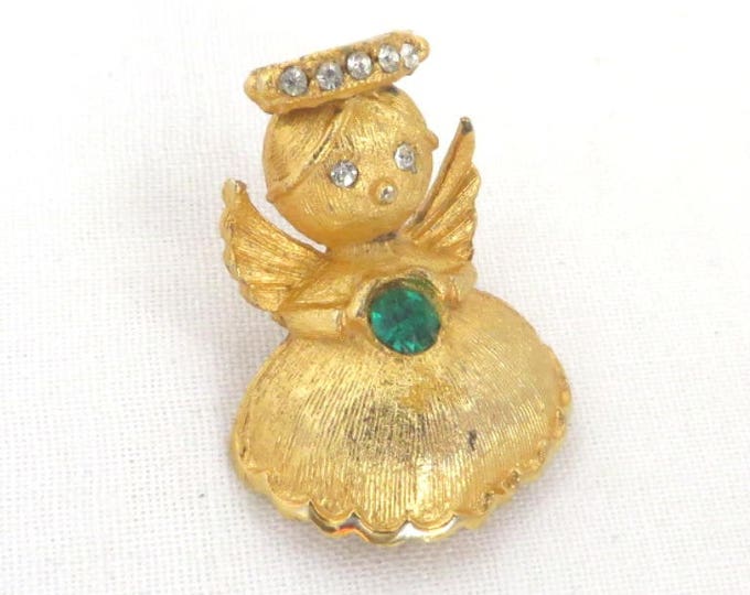 Vintage Pin - ULTRA Angel Pin, Emerald Birthstone Angel Brooch, Gold Tone Rhinestone Signed Designer Pin