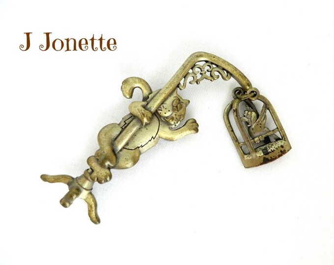Vintage Cat Brooch - Signed JJ Cat and Birdcage Gold Tone Pin, Gift for Her, Gift Box