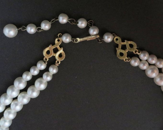 Kramer Faux Pearl Bead Necklace, Vintage Filigree Beaded Double Strand Necklace